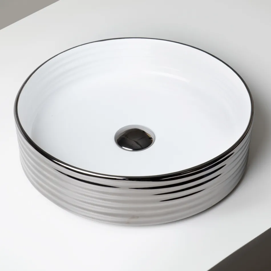 Bänkskåpstvättställ i vågigt porslin stengods tillverkat i Italien - Vibrazione Viadurini