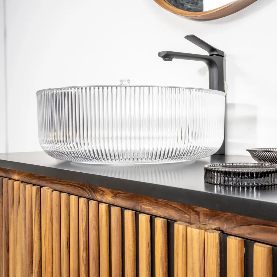 Runt tvättställ i Plissè venetianskt glas Tillverkat i Italien - Zirkon Viadurini