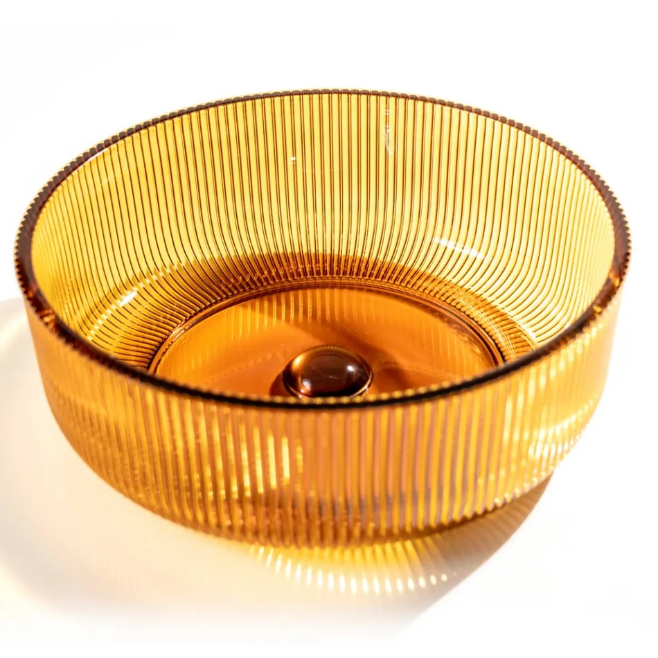 Runt tvättställ i Plissè venetianskt glas Tillverkat i Italien - Zirkon Viadurini