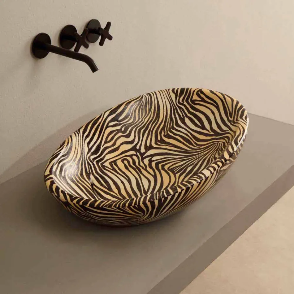 Design keramisk diskbänk tvättställ med orange sebra gjord i Italien Glänsande Viadurini