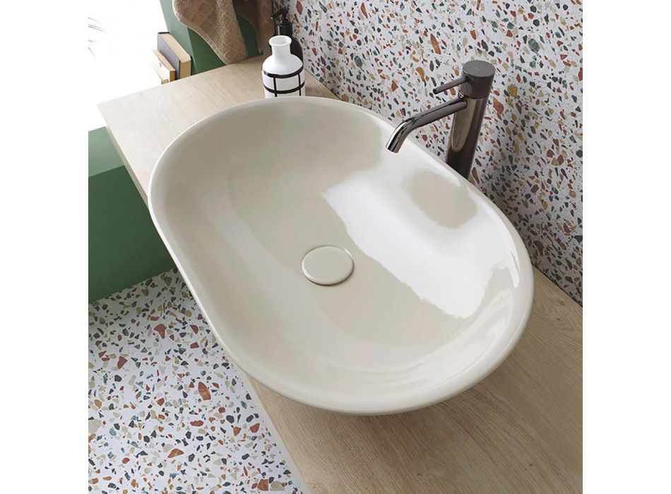 Oval tvättställsbänk i glänsande keramik tillverkad i Italien - Nelly Viadurini