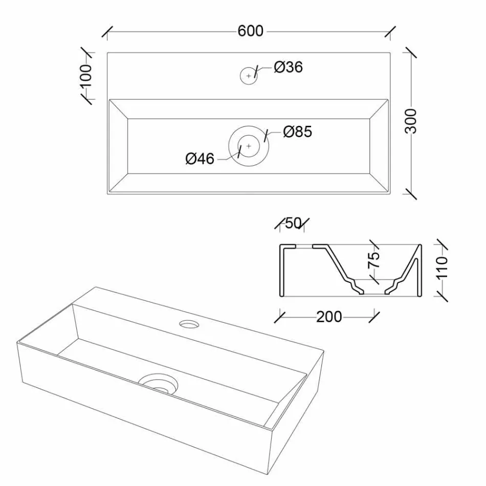 Modern rektangulär bänkskiva eller upphängd tvättställ 60x30 cm i keramik - Act Viadurini