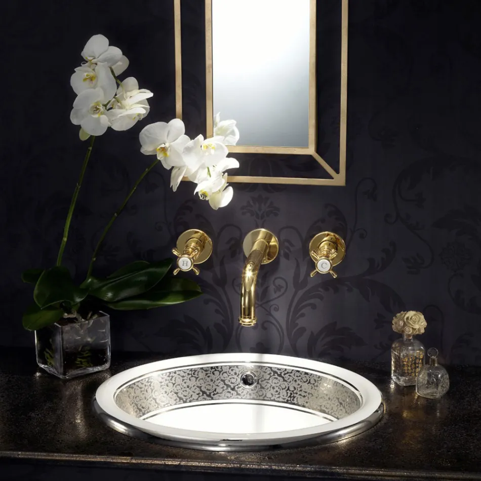 Halvt infällt tvättställ i Fire Clay med band i olika finish - Botticino Viadurini