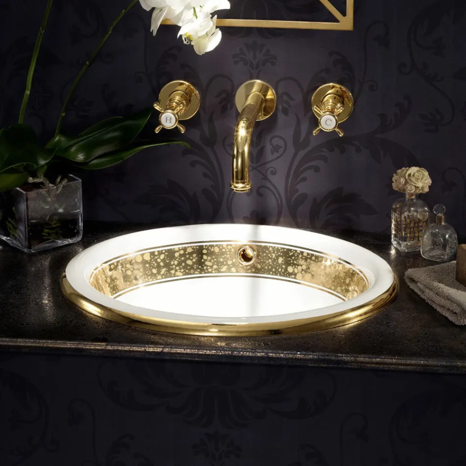 Halvt infällt tvättställ i Fire Clay med band i olika finish - Botticino Viadurini