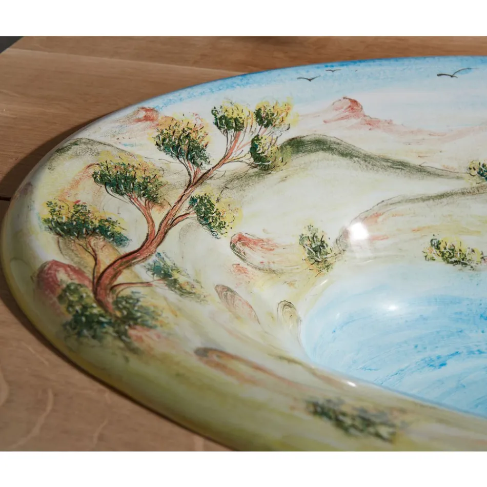 Halvförsänkt tvättställ i Fire Clay med Landskap av Deruta Made in Italy - Principe Viadurini