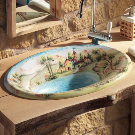 Halvförsänkt tvättställ i Fire Clay med Landscape of Deruta Made in Italy - Principe Viadurini