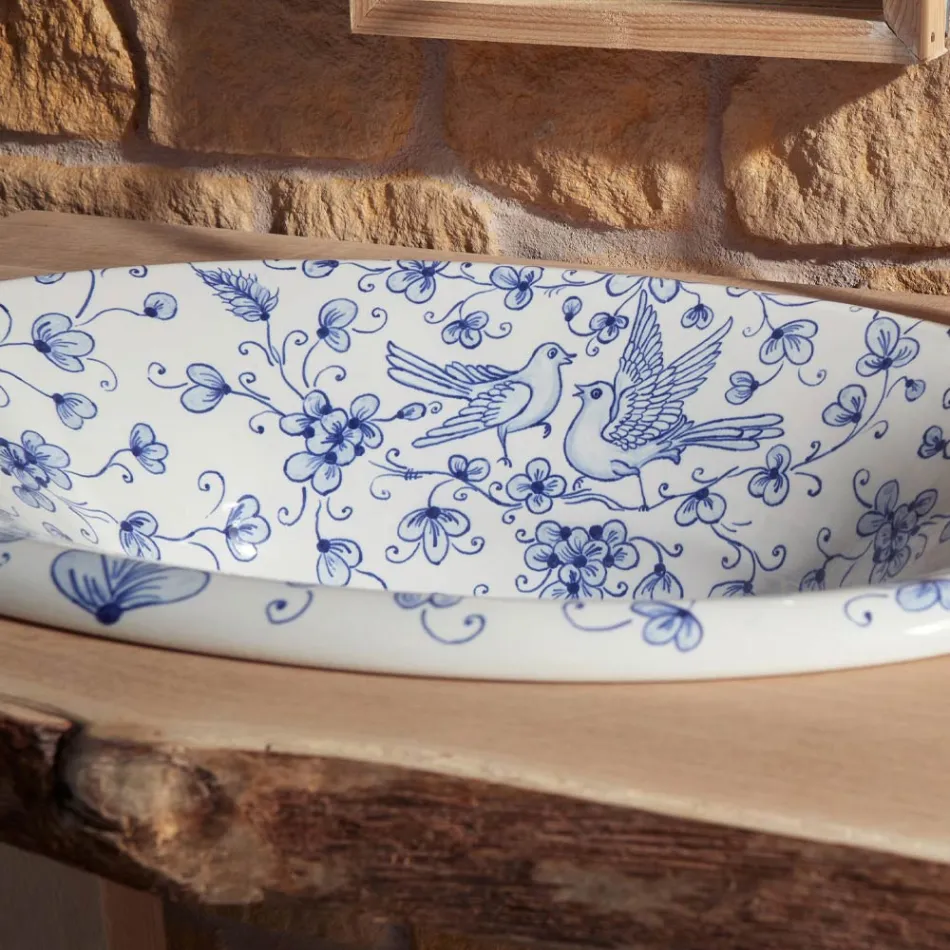 Halvt infällt tvättställ i handmålad eldlera Tillverkad i Italien - Principe Viadurini