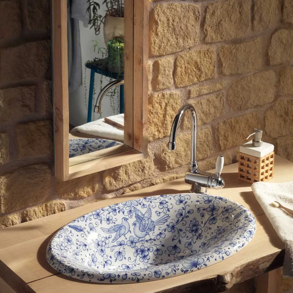 Halvt infällt tvättställ i handmålad eldlera Tillverkad i Italien - Principe Viadurini