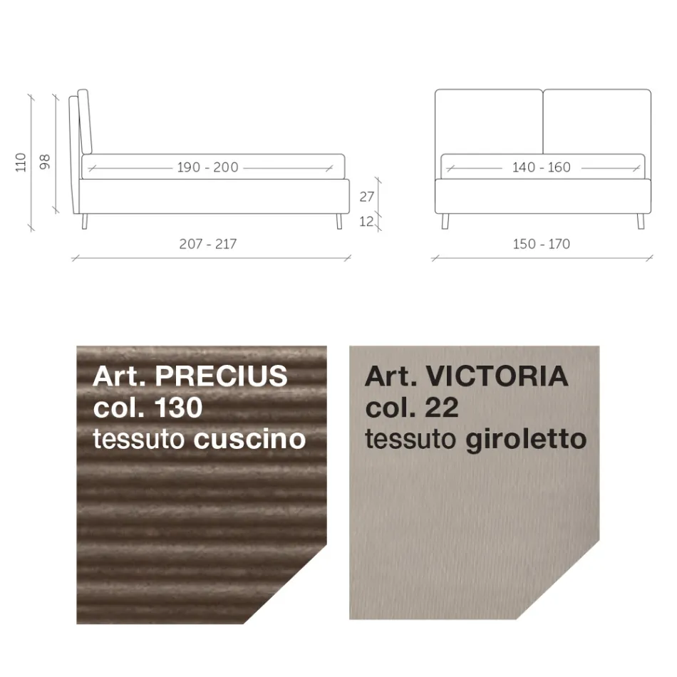 Dubbelsäng 160x190 med 2 mjuka kuddar i sänggaveln - Tramonti Viadurini
