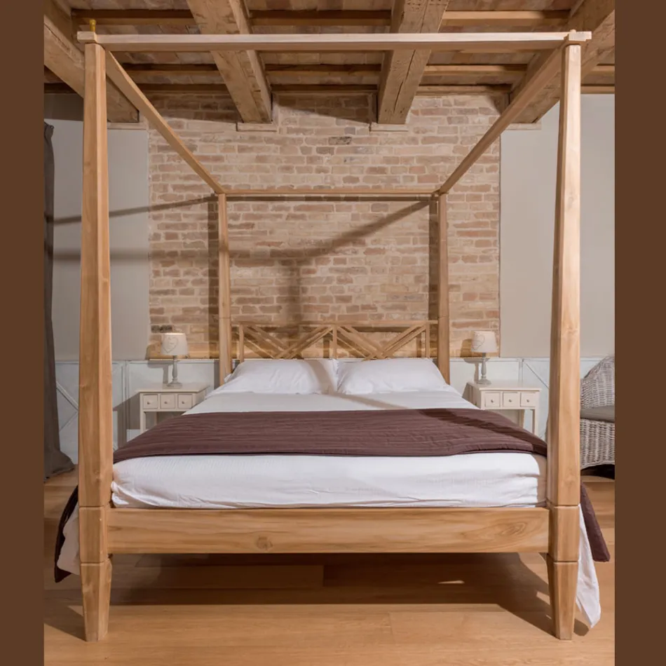 160x200 dubbelsäng med baldakin i massiv teak - Akvarell Viadurini