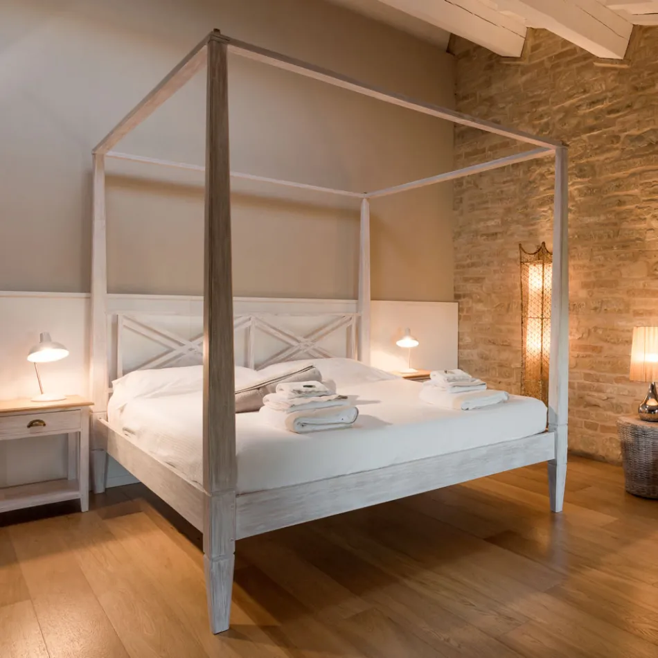 160x200 dubbelsäng med baldakin i massiv teak - Akvarell Viadurini