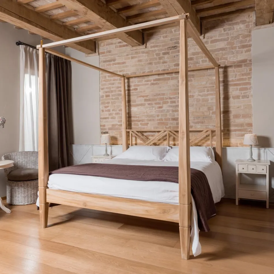 160x200 dubbelsäng med baldakin i massiv teak - Akvarell Viadurini