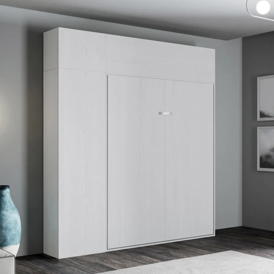 Vertikal hopfällbar dubbelsäng med väggskåp och pelare - Magicompare Viadurini