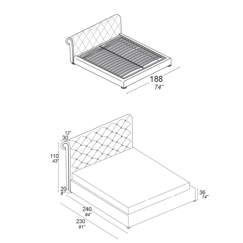 Dubbelsäng med capitonné-stoppning och träfötter - Briosco Viadurini