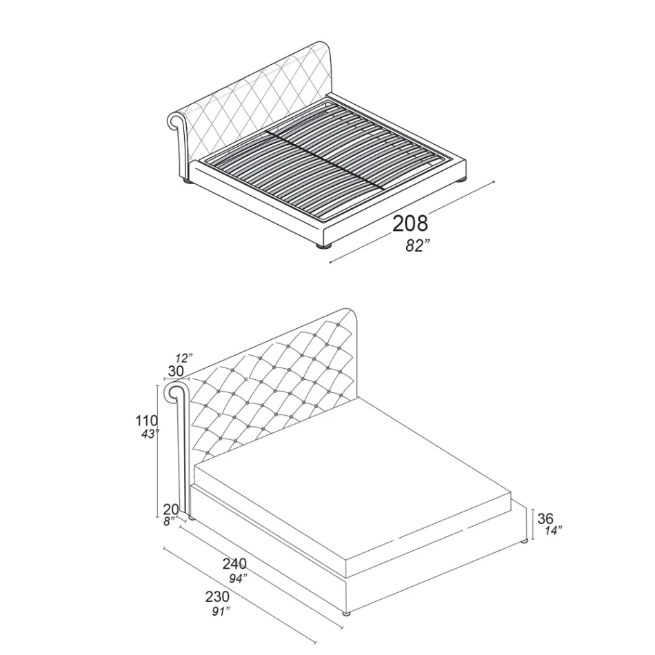 Dubbelsäng med capitonné-stoppning och träfötter - Briosco Viadurini