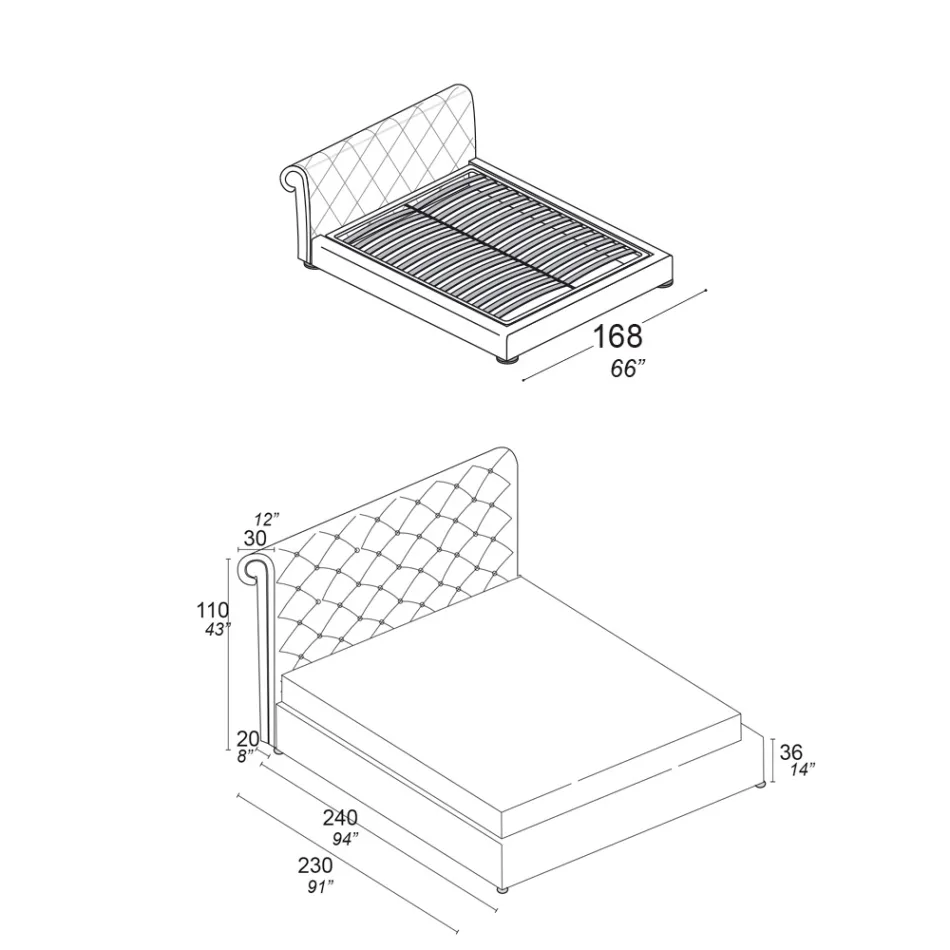 Dubbelsäng med capitonné-stoppning och träfötter - Briosco Viadurini