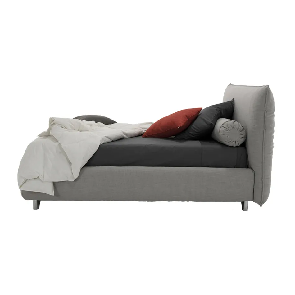 Klädd dubbelsäng med låda, tyg eller ekoläder Made in Italy - Lardino Viadurini