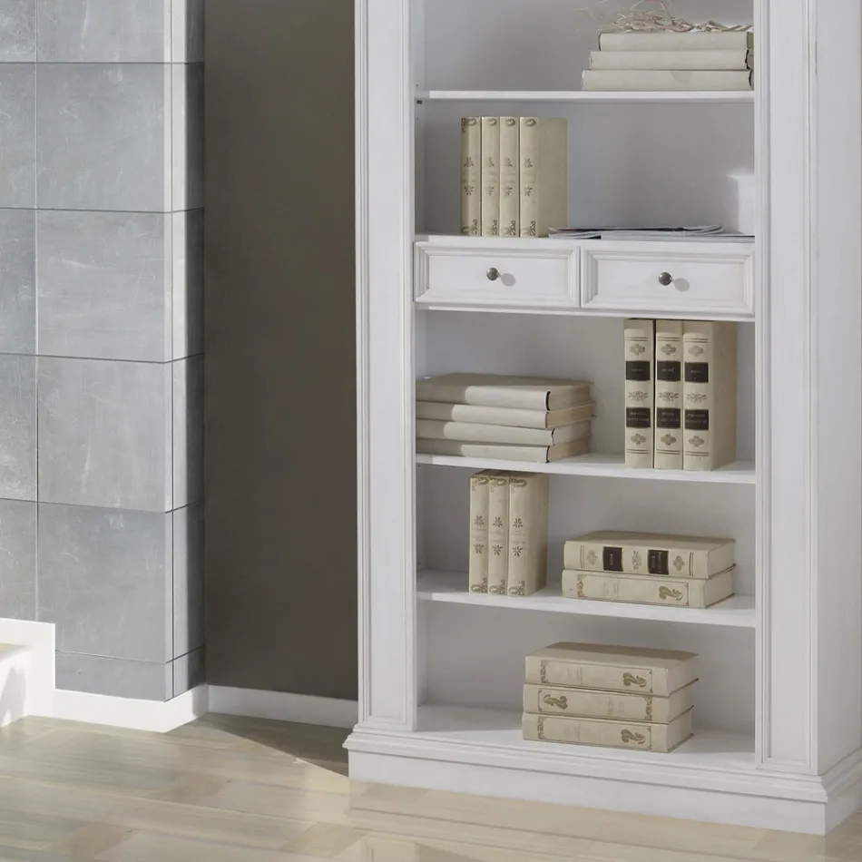 Bokhylla med 6 öppna fack och 2 lådor Made in Italy - Flora Viadurini