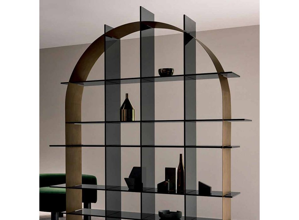 Fristående välvd bokhylla i rökt glas och borstad bronsdesign - Marco Viadurini