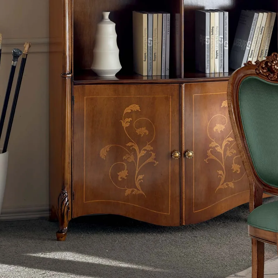 Bokhylla i inlagt Bassano valnötsträ med dörrar Made in Italy - Commodo Viadurini