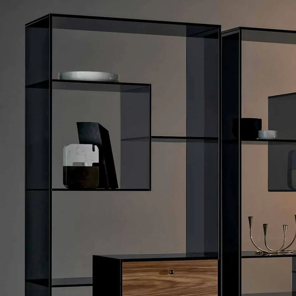 Bokhylla i rökt glas med italiensk design av Canaletto Walnut Wood italiensk design - Linzy Viadurini