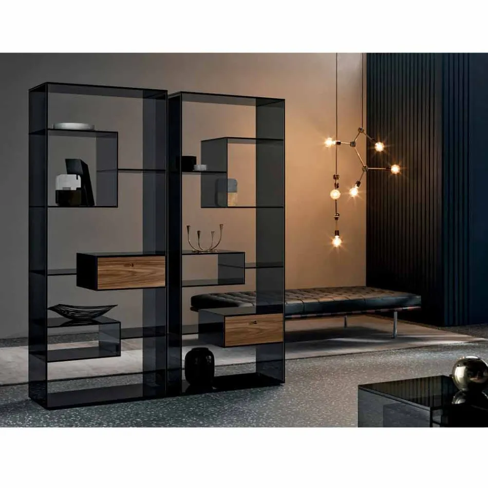 Bokhylla i rökt glas med italiensk design av Canaletto Walnut Wood italiensk design - Linzy Viadurini