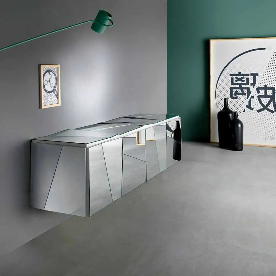 Vägghängande skänk i matt vitt trä och speglade glasögon - Senese Viadurini