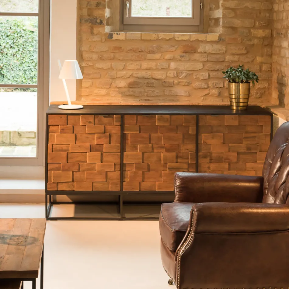 Skänk med 3 dörrar i Patchwork Återvunnet trä- och metallstruktur - skjut Viadurini