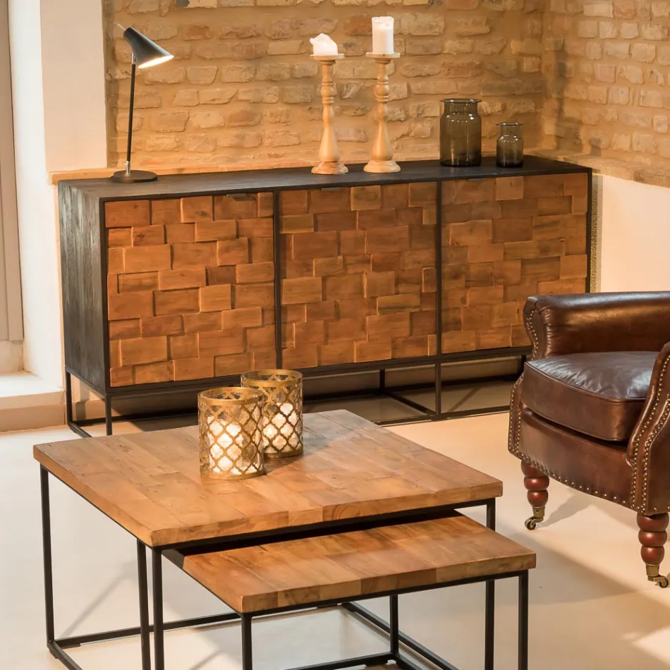 Skänk med 3 dörrar i Patchwork Återvunnet trä- och metallstruktur - skjut Viadurini