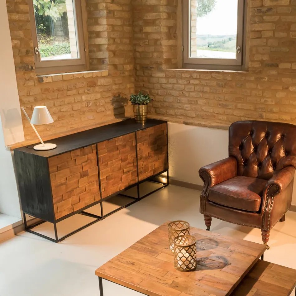 Skänk med 3 dörrar i Patchwork Återvunnet trä- och metallstruktur - skjut Viadurini