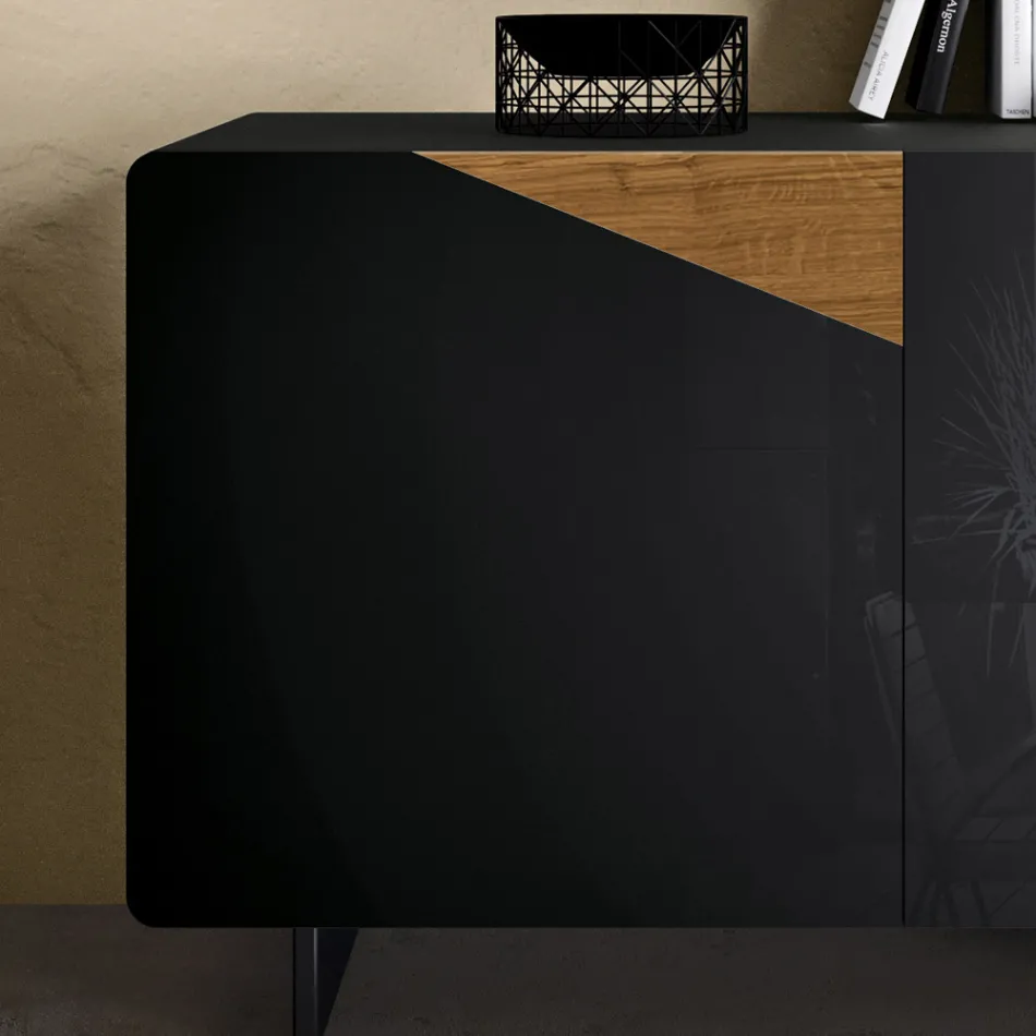 Vardagsrumsskänk med 2 dörrar i Country Knotted Oak och antracitglas finish - Ove Viadurini