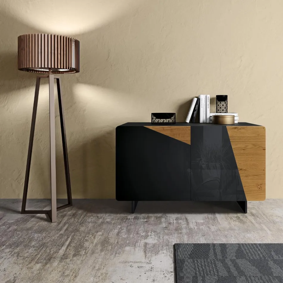 Vardagsrumsskänk med 2 dörrar i lantlig ekfinish och antracitglas - Ove Viadurini