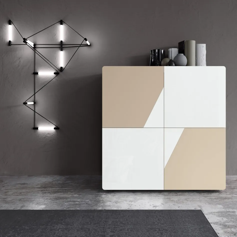 Vardagsrumsskänk med 4 dörrar i vitt glas och minkfinish Made in Italy - Eva Viadurini