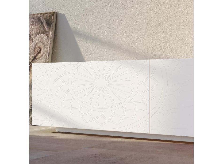 Vardagsrumsskänk i vit Mdf med basrelief Made in Italy - Stilea Viadurini