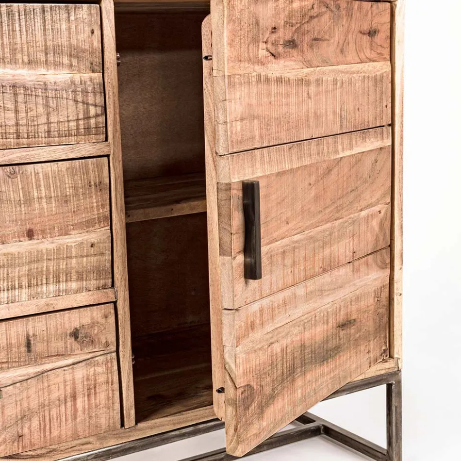 Skänk i akaciaträ och stål 2 dörrar och 3 lådor Homemotion - Aimune Viadurini