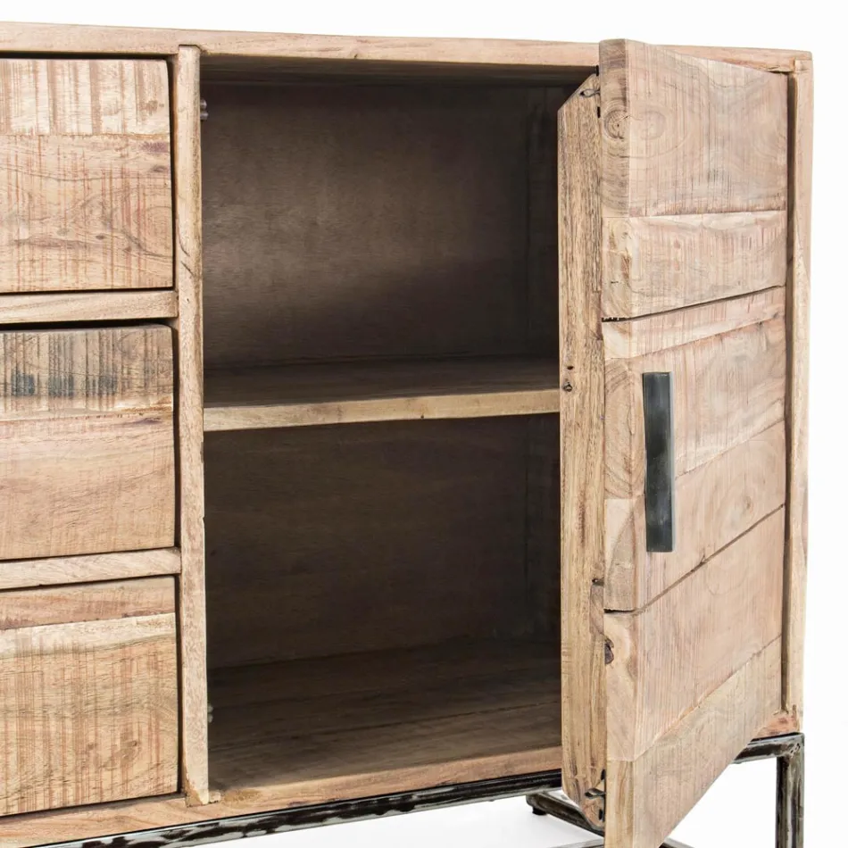 Skänk i akaciaträ och stål 2 dörrar och 3 lådor Homemotion - Aimune Viadurini