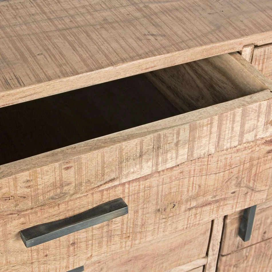 Skänk i akaciaträ och stål 2 dörrar och 3 lådor Homemotion - Aimune Viadurini