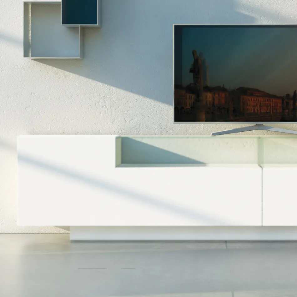 Skänk i vit Mdf med glasfodral och sockelfot Tillverkad i Italien - Kisha Viadurini