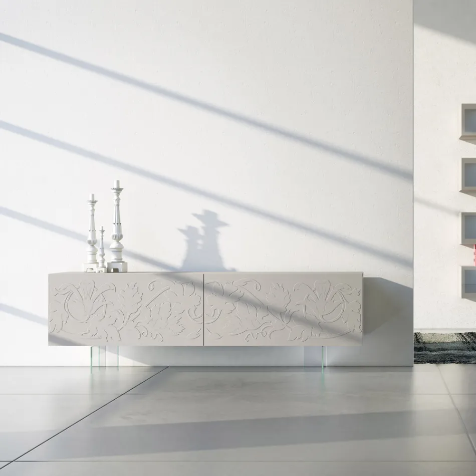 Skänk i ljusgrå Mdf med glasfötter Tillverkad i Italien - Germena Viadurini