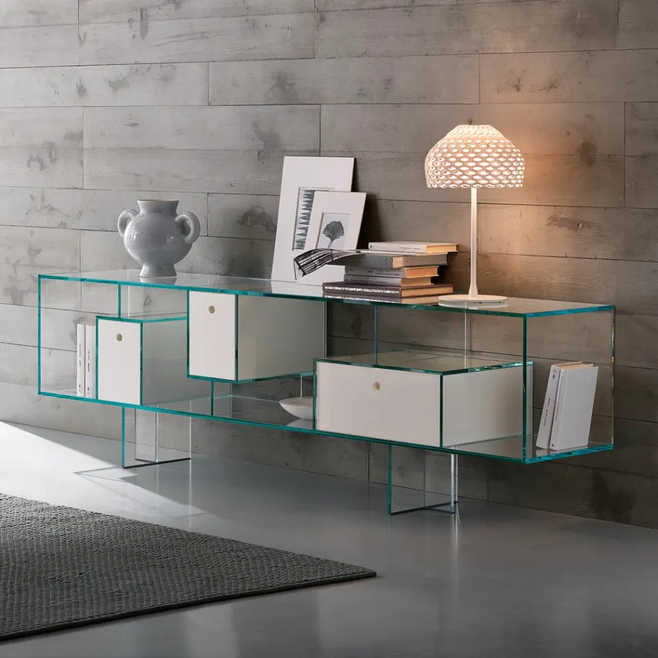 Glasskänk med tre lådor, elegant design, tillverkad i Italien - Senera Viadurini
