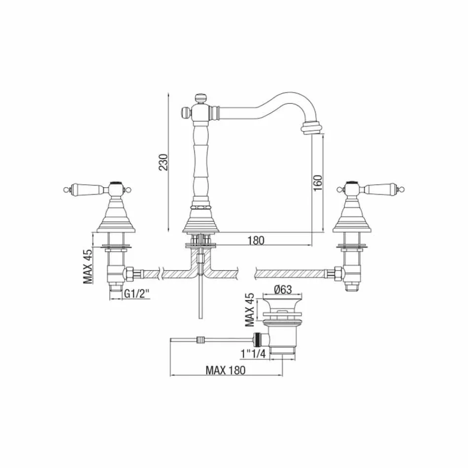 Klassisk 3-håls blandare i mässing tillverkad i Italien - Shelly Viadurini