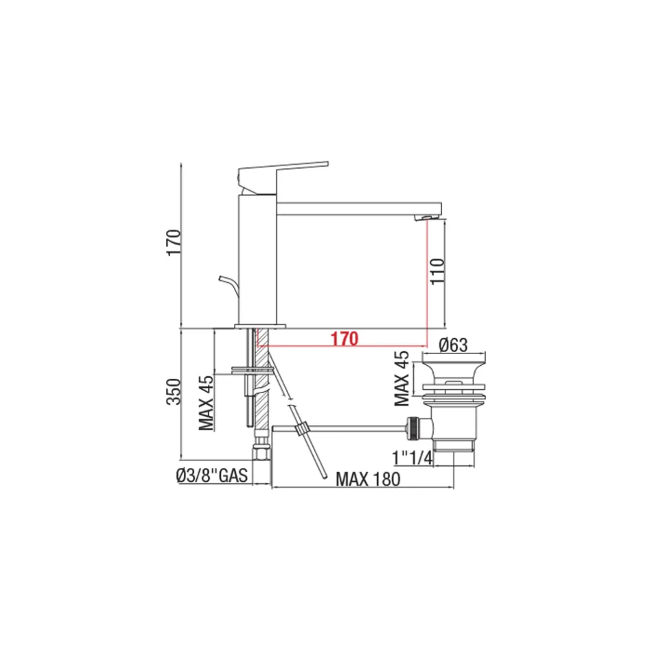 Badrumsblandare med pip 170 mm centrumavstånd Tillverkad i Italien - Medida Viadurini