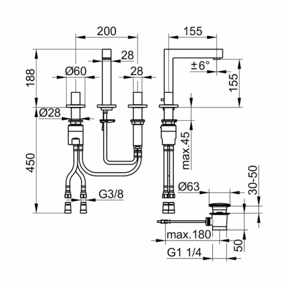 Modern badrumsblandare för trehåls krommetall - Girino Viadurini