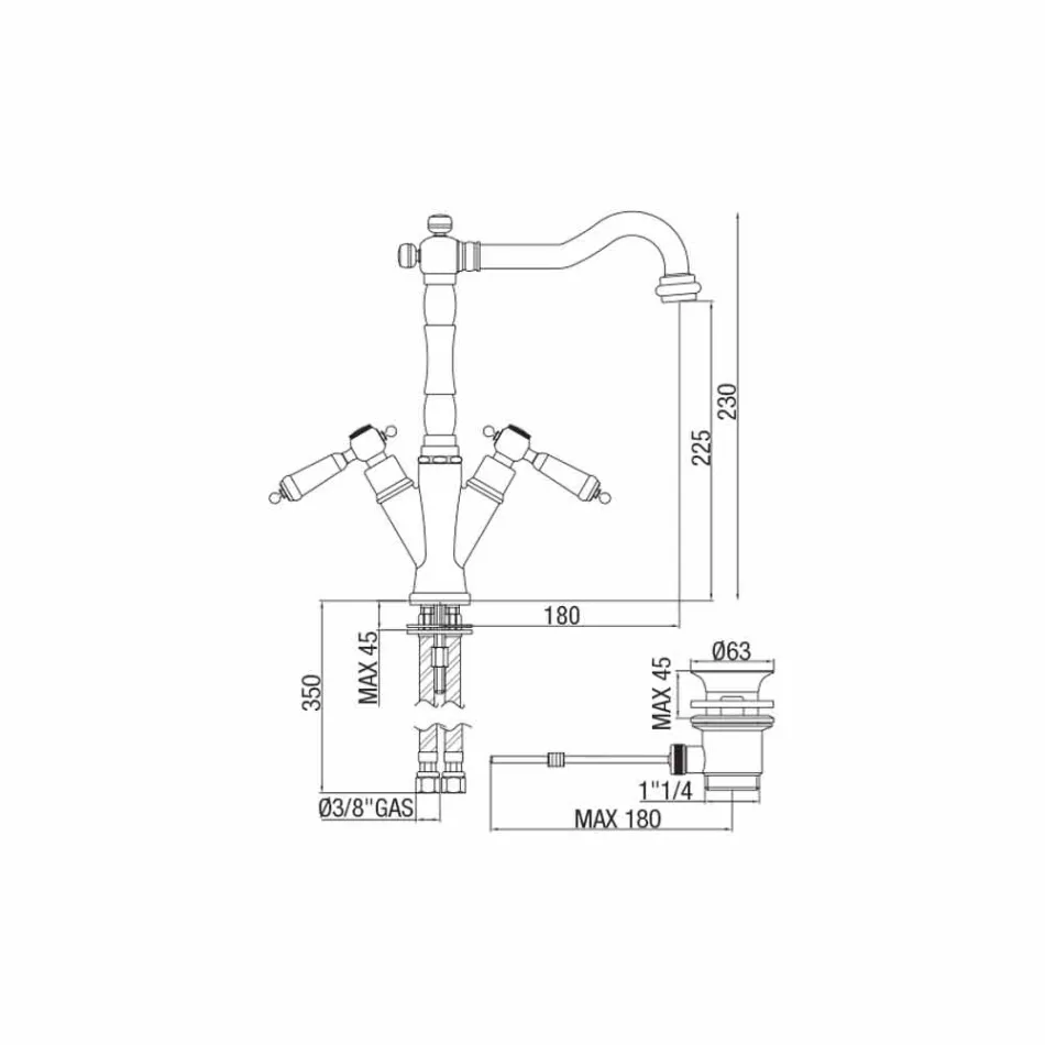 Enhålsblandare för klassiskt tvättställ i mässing Made in Italy - Shelly Viadurini