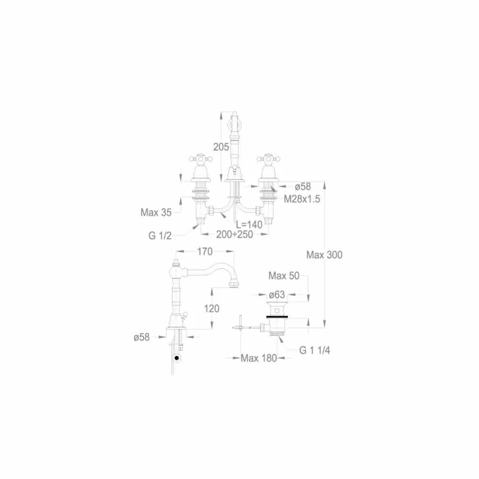 Modern mässing med tre håls handfatblandare tillverkad i Italien - Binsu Viadurini