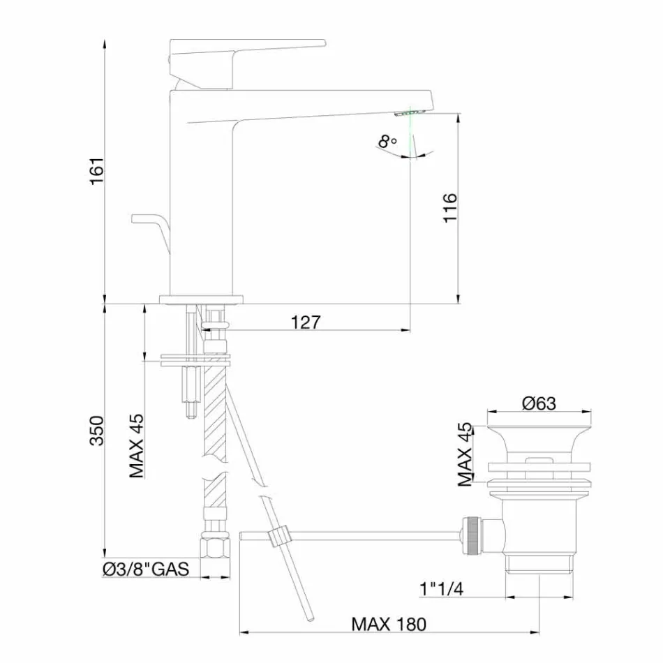 Tvättställsblandare med avlopp i kromfinish Tillverkad i Italien - Galla Viadurini