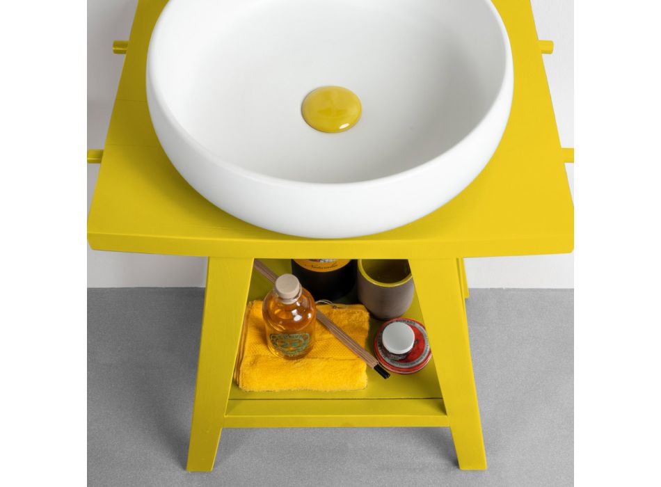 Badrumsmöbler i återvunnen teak med gul halvböjd topp - Raomi Viadurini