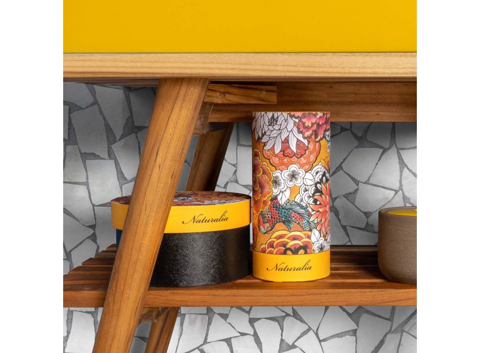 Badrumsmöbler i naturlig teak med gul låda - Gatien Viadurini