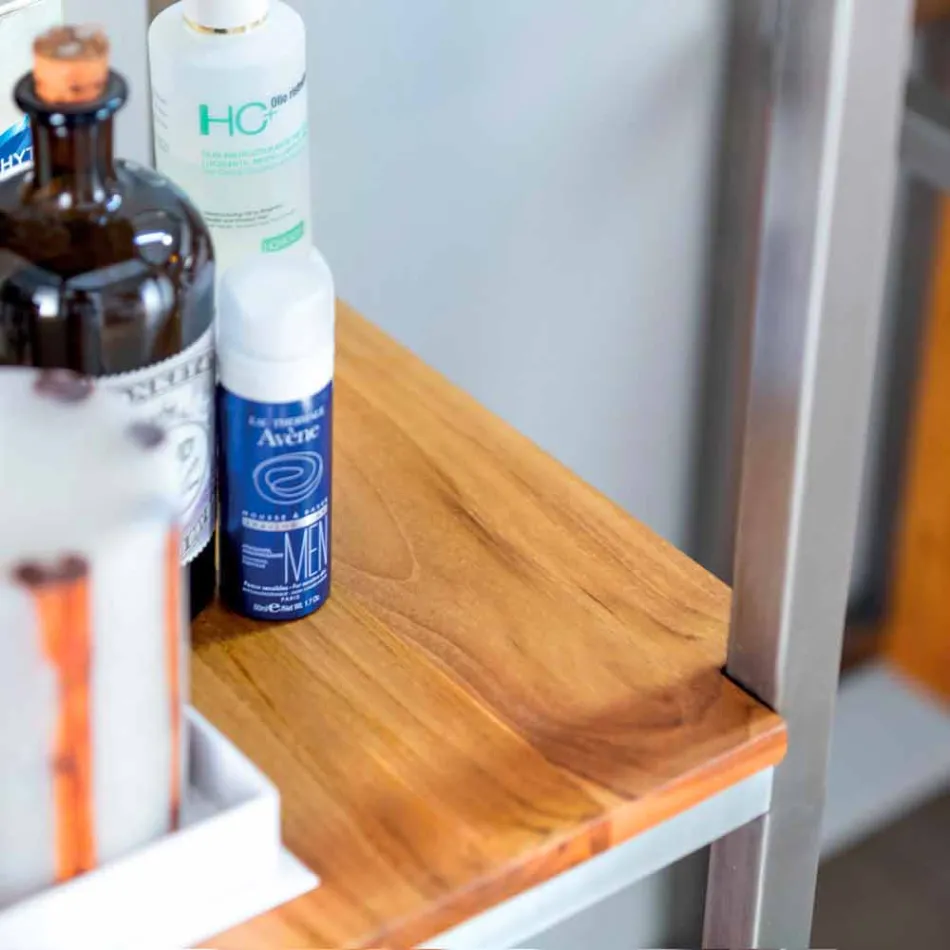 Kolonn badrumsskåp i teak och stål med 4 öppna hyllor - Tamburino Viadurini