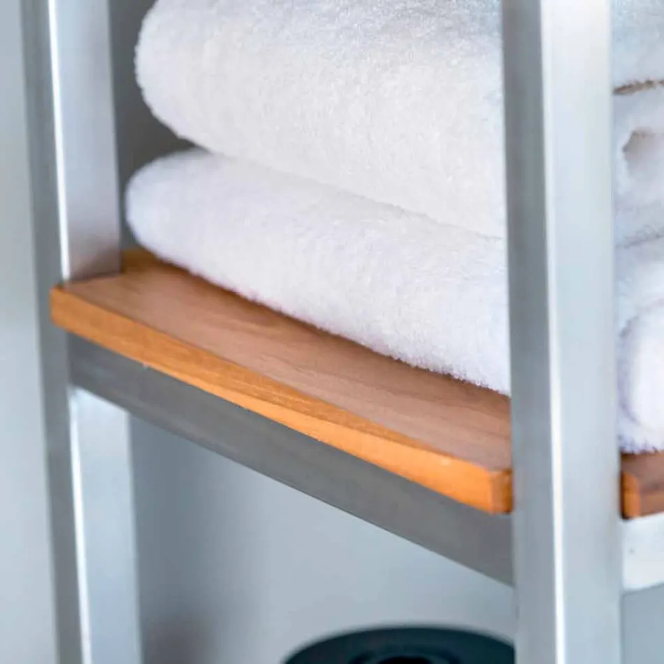 Kolonn badrumsskåp i teak och stål med 4 öppna hyllor - Tamburino Viadurini